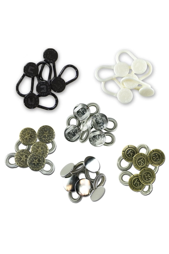 30-Pack Waistband Extender Set - 6 Button Designs: 15x Engraved Spring, 5x Plain Spring, 5x Black and 5x White Plastic Button Extenders