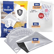 30 Pack Wallaby Mylar Bags for Food Storage 1 Gallon (5 Mil, 10"x14") with 30 400cc Oxygen Absorbers & Labels, Stand-up Resealable Zipper Pouches - Silver