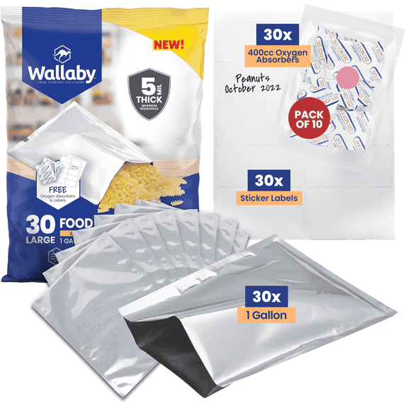 30 Wallaby Mylar Bags - Bundle - 1 Gallon (5 Mil) with 30 400cc Oxygen Absorbers, 30 Sticker Labels - Heat Sealable, Food Safe, Long Term Food Storage & Survival - Silver