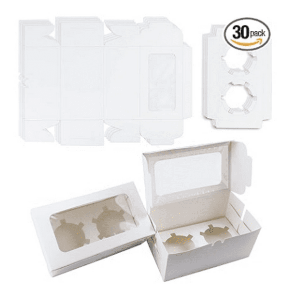 30 Pack White Paper Cupcake Boxes with 2 Cavity Cookie Gift Boxes with Clear Window 2 Treat Holder Cupcake Containers Bakery Cake Box