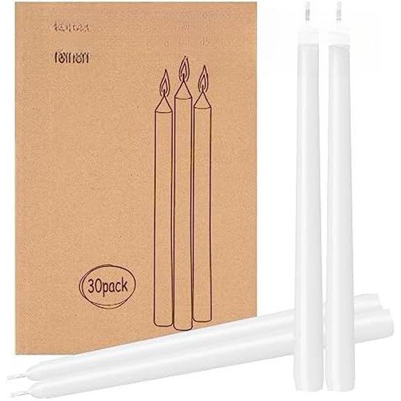 30 Pack White Taper Candles - 10 inch Dripless, Smokeless & Unscented | Long Burning 8 Hours | Hand Poured Tall Candlesticks | Bulk Decorative Candles for Home, Weddings & Parties