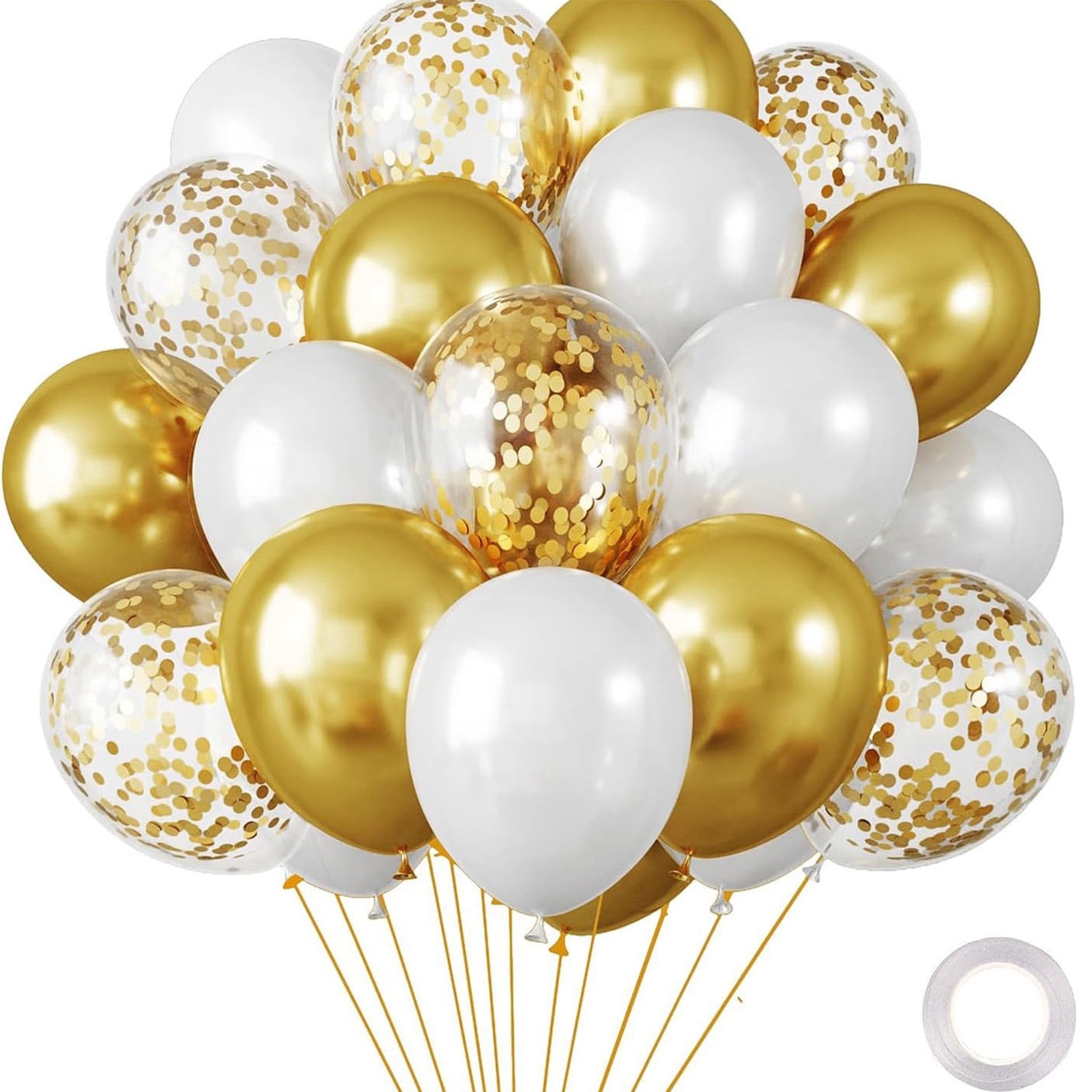 30 Pack White and Gold Confetti Latex Balloons Party Balloons with Ribbons for Birthday Graduation Wedding Bridal Shower Party Decoration