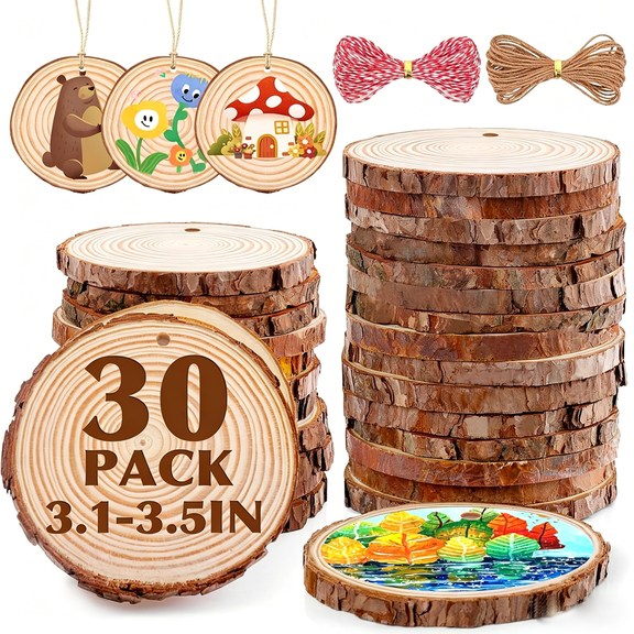 30 Pack Wood Slices for Crafts,3.1-3.5In Unfinished Natural Wood Rounds with Tree Bark.Wood Circles Predrilled with Hole and 20m Rope for Centerpiece Table Decorations,Christmas Ornaments,DIY Gifts