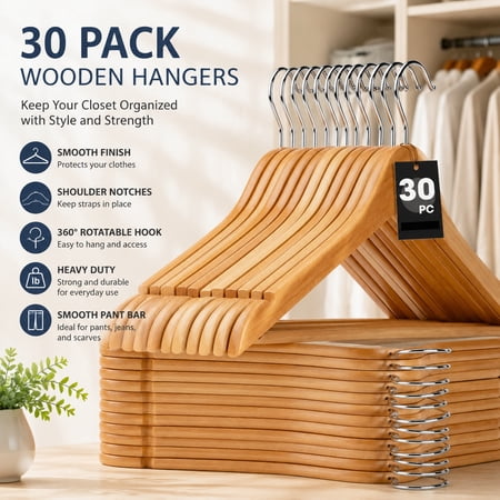 30 Pack Wooden Clothes Hangers with Smooth Pant Bar, Shoulder Notches, Heavy Duty 360° Rotatable Hook, Durable Coat and Shirt Hangers