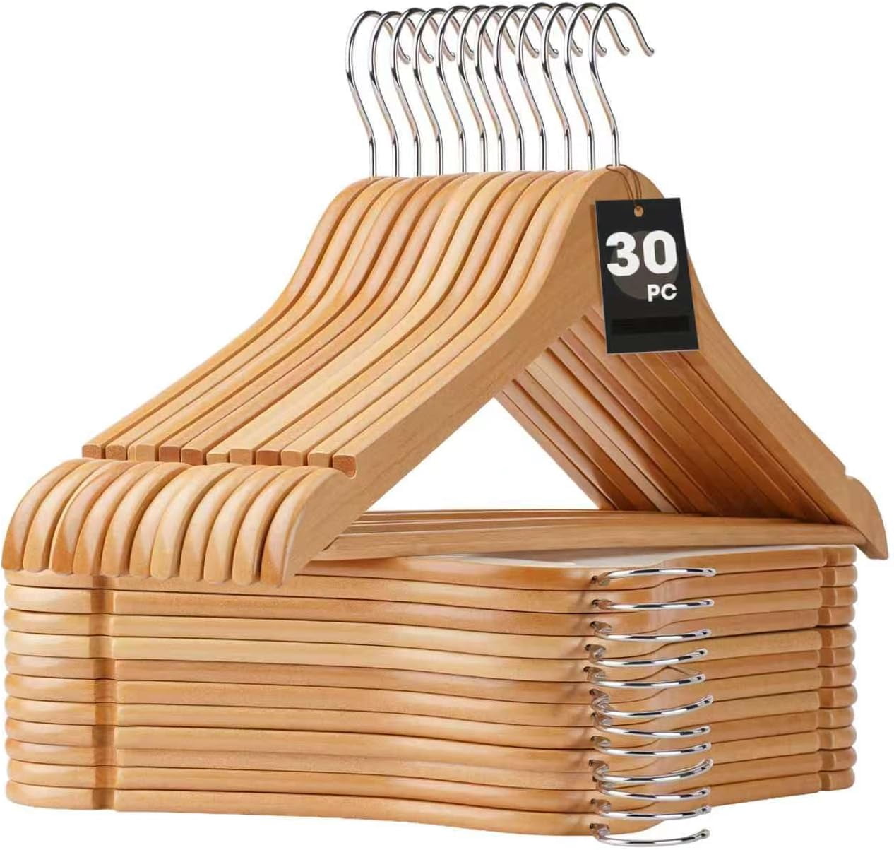 30 Pack Wooden Hangers,Wooden Clothes Hangers with Smooth Pant Bar and Shoulder Notches,Heavy Duty Hangers with 360-Degree Rotatable Hook, Coat Hangers for Coats,Shirts,Dress,Pants,Natural