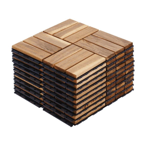 30-Pack Yellow Acacia Wood Interlocking Deck Tiles, 12"12" Checker Pattern