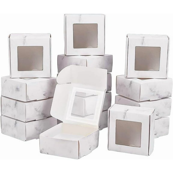 30 Pack of Marble Cookie Boxes 6.5 x 6.5 x 3 cm with Window White Bakery Treat Boxes for DIY Sweets Small Objects