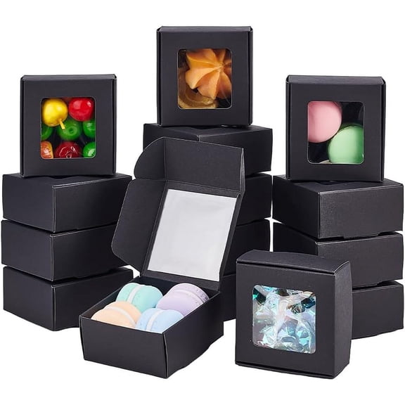 30 Packs 2.5x2.5x1.2 Square Black Kraft Paper Boxes with Clear Windows for Wedding Party Favor Treats Bakery Jewelry Christmas Festival Gift Packaging BlackDIY