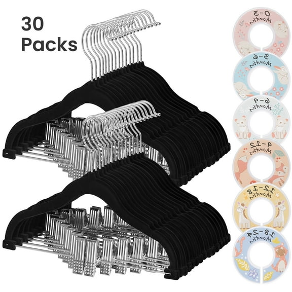 30 Packs Baby Hangers Clothes Hangers Pants Hangers with Clips Kids Hangers with 6 Clothes Dividers Non-Slip Black