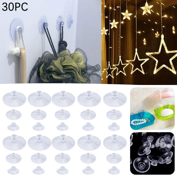 30 Packs Clear Suction Cups, Plastic Hooks 3 Sizes for Wall Decor, By Meiiso, Large Inventory!