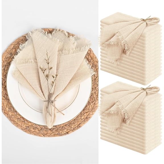 30 Packs Cotton Linen Napkins,Handmade Cloth Napkins Bulk with Fringe, Rustic Boho Napkins Cloth,Cloth Napkins for Romantic Wedding Party Event Dinner Birthday Table Decor(Beige,16 x 16 Inch)