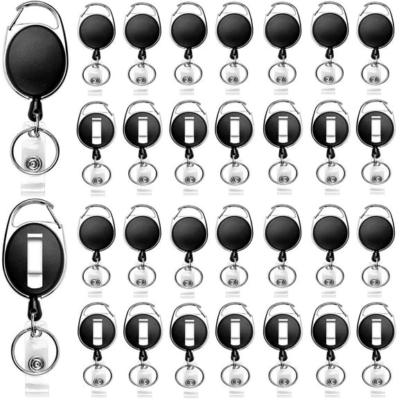 30 Packs Heave Duty Badge Reels Retractable with Carabiner Belt Clip and Key Ring,(Black, 26.5 Inch Pull Cord)