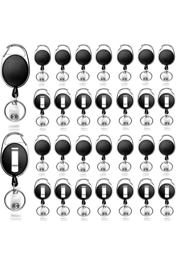30 Packs Heave Duty Badge Reels Retractable with Carabiner Belt Clip and Key Ring,(Black, 26.5 Inch Pull Cord)