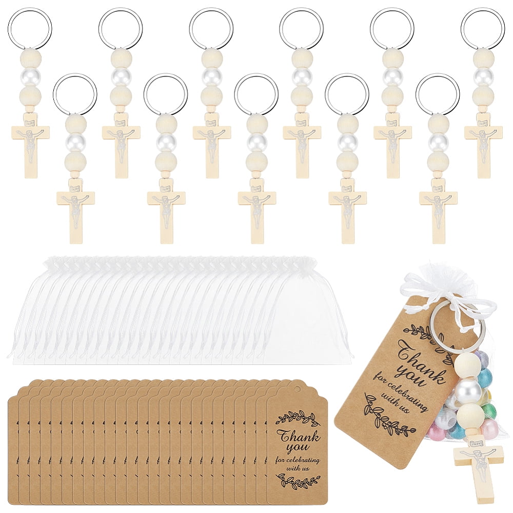 30 Packs Keychains Wood Rosary Beads with Keychain with White Organza Bag and Thank You Cards