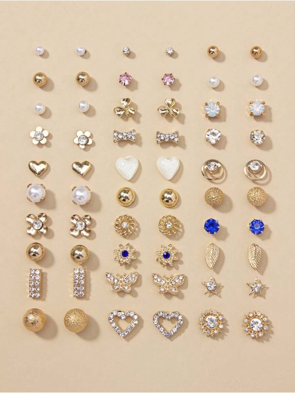 30-Pair Multicolor-8 Goldtone Stud Earring Set with Faux Pearls, Crystals