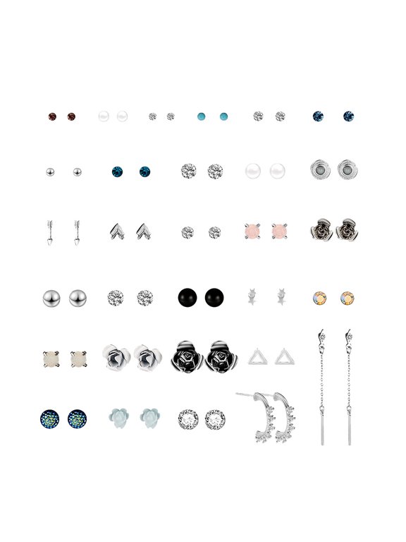 30 Pair Multiple Ear Studs Earrings Set Assorted Crystal Rhinestone Women Piercing Earrings