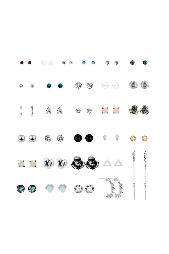 30 Pair Multiple Ear Studs Earrings Set Assorted Crystal Rhinestone Women Piercing Earrings