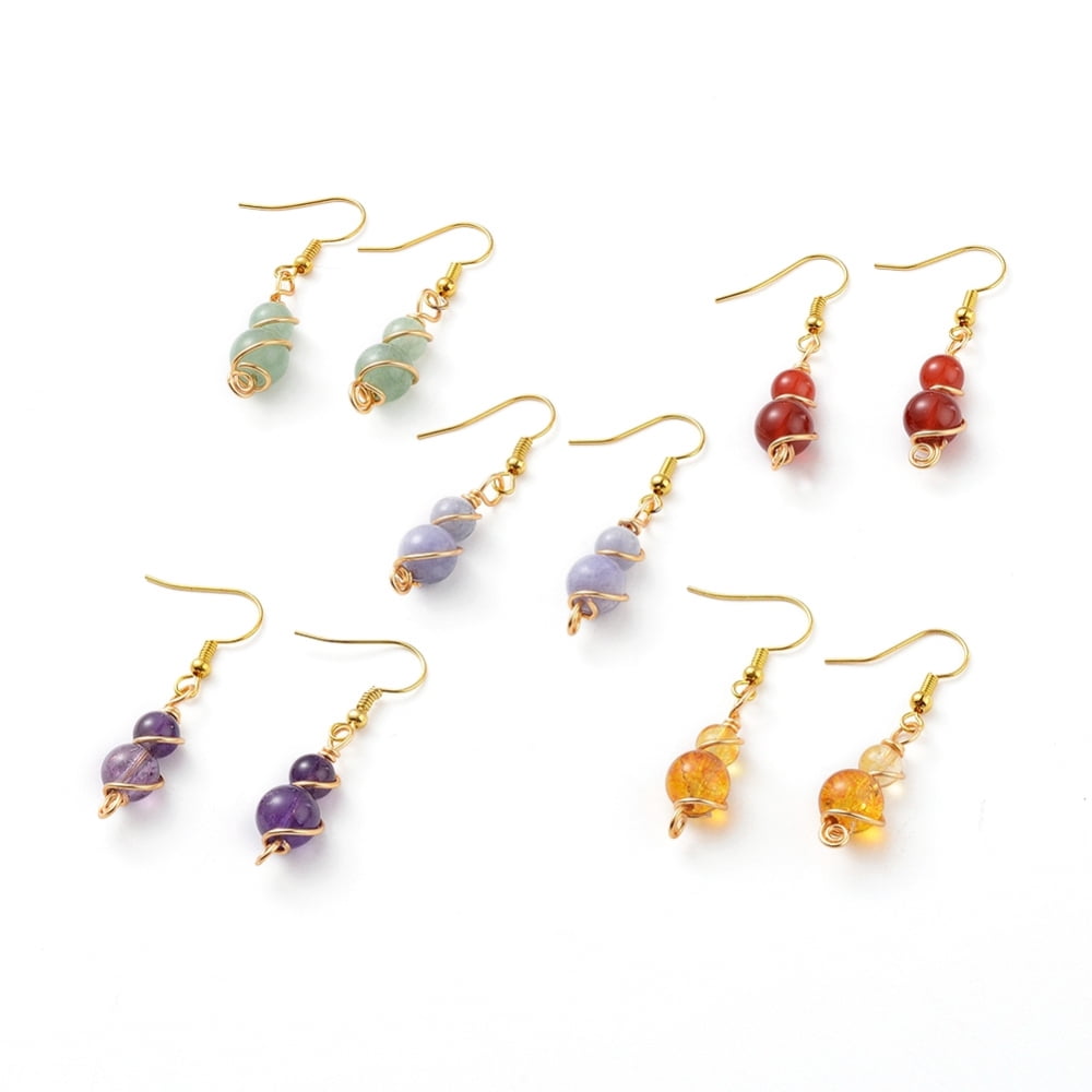 30 Pair Natural Gemstone Dangle Earrings with Copper Wire and Golden Plated Brass Earring Hooks Round 43mm Pin: 0.8mmDIY