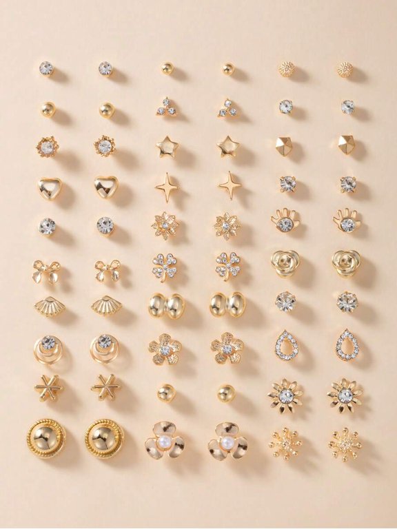 30-Pair Yellow Gold-8 Floral Geometric Stud Earring Set Fashion Jewelry