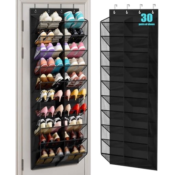 30 Pairs Over the Door Shoe Organizer Breathable Mesh Hanging Shoe Rack for Closet Storage with Wide Deep Pockets 10 Tier Shoes Holder Fit All the Family's Sneakers, Boots, Heels (Black, 71")