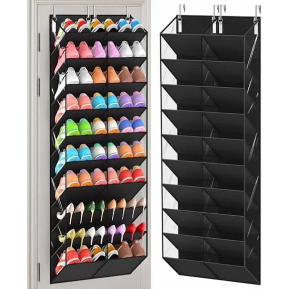 30 Pairs Over the Door Shoe Organizer, Clear Pockets Hanging Shoe Storage for Closet, 10-Tier Door Shoes Rack Storage, Handing Shoes Holder Fit All the Family's Sneakers, Boots, Heels, Black
