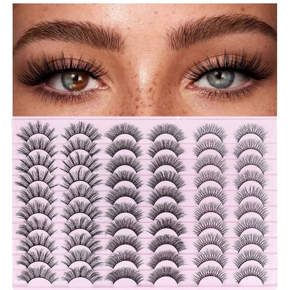 30 Pairs False Eyelashes Set - Wispy Fluffy 3D/4D Volume Lashes, Natural Look Reusable Strip Lashes with 3 Mixed Styles (8mm-14mm), Easy to Apply for Everyday Glam