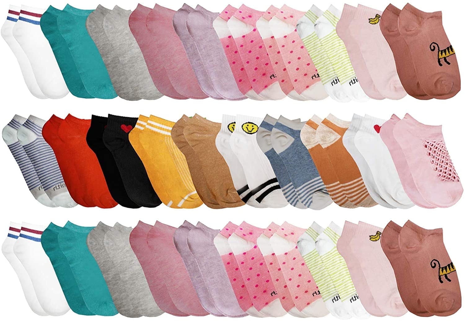 30 Pairs Low Cut Ankle Socks for Women Girls Boys Men, Bulk Pack, Fun Cute, Patterned Colorful Soft (30 Pairs Assorted (Girls))