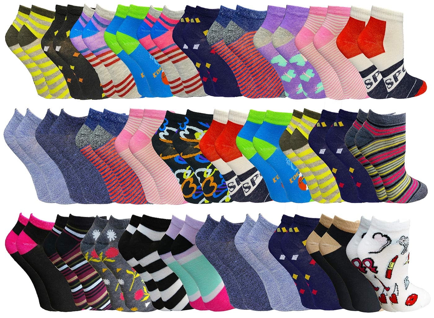 30 Pairs Low Cut Ankle Socks for Women Girls Boys Men, Bulk Pack, Fun Cute, Patterned Colorful Soft (Womens 30 Pairs Patterned)