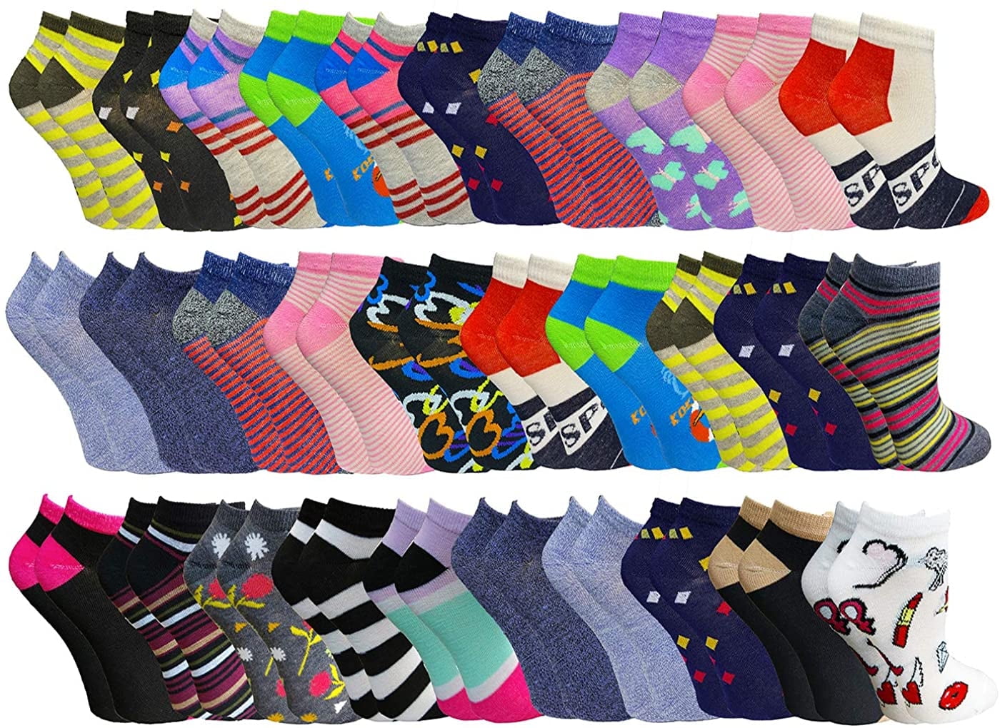 30 Pairs Low Cut Ankle Socks for Women Girls Boys Men, Bulk Pack, Fun Cute, Patterned Colorful Soft (Womens 30 Pairs Patterned)