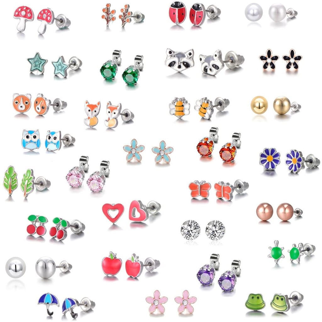 EXCIXING 30 Pairs Mixed Animals Earrings Ladybug Bee Frog Mushroom Stud Earrings for Kids