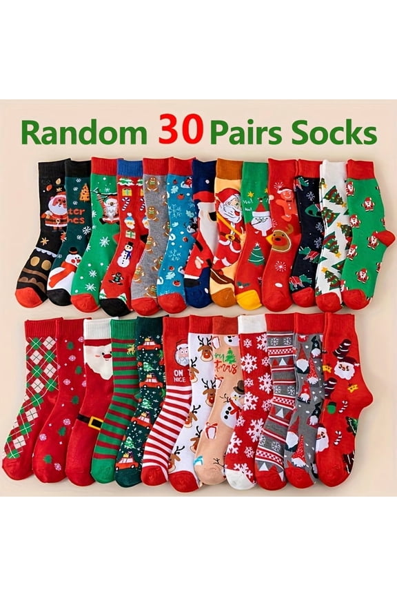 30 Pairs Random Christmas Stocking Fun Elk Snowman Santa Claus Christmas Tree Gingerbread Reindeer Warm Socks Cartoon Pattern Christmas Gift for Men and Women