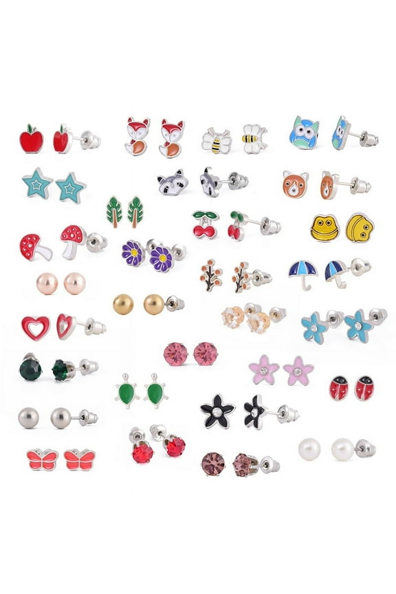 30 Pairs Stainless Steel Stud Earrings for Women Assorted Cute Animal Flower Mixed Color Earrings Pack
