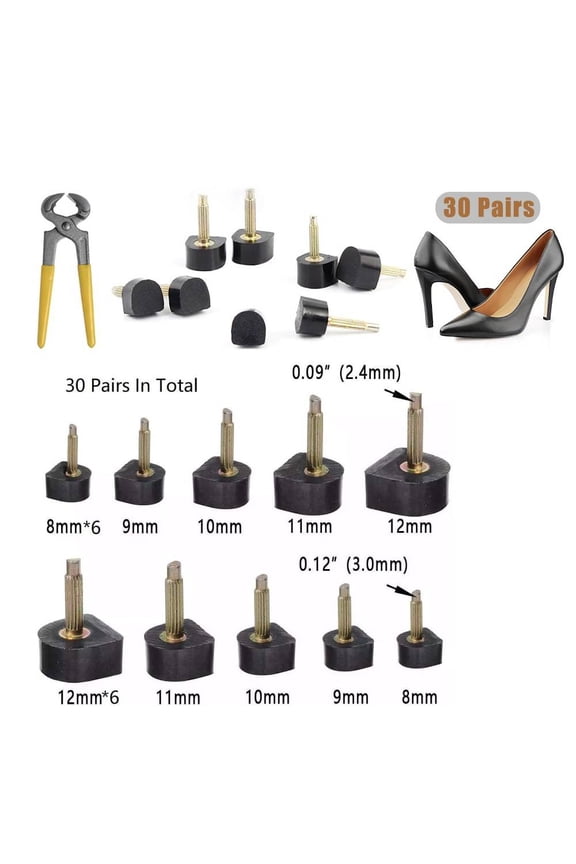 30 Pairs Women's High Heel Shoes Replacement Tips Pin (5 Different Sizes, 2 Different Pins Diamete) with 6" Heel Pliers for Repairing Shoes