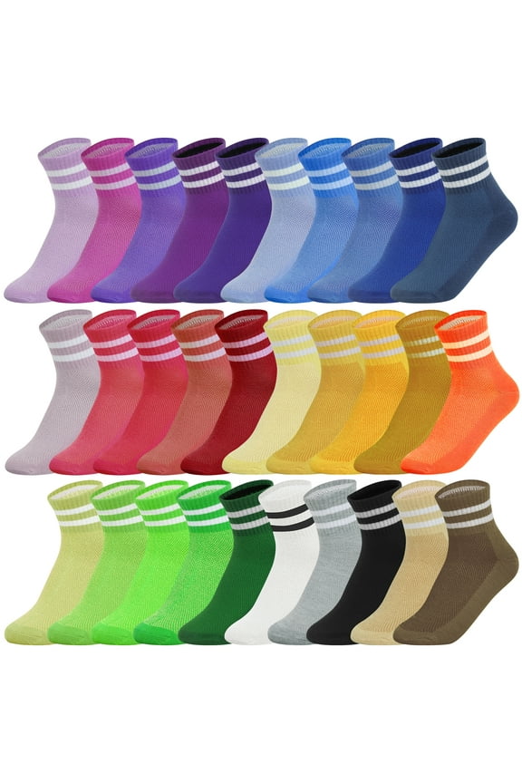 30 Pairs Women's Mid Calf Socks Breathable Mesh Moisture-Wicking Casual Athletic Stretch 30 Color Assortment Bulk Socks for Women Teens