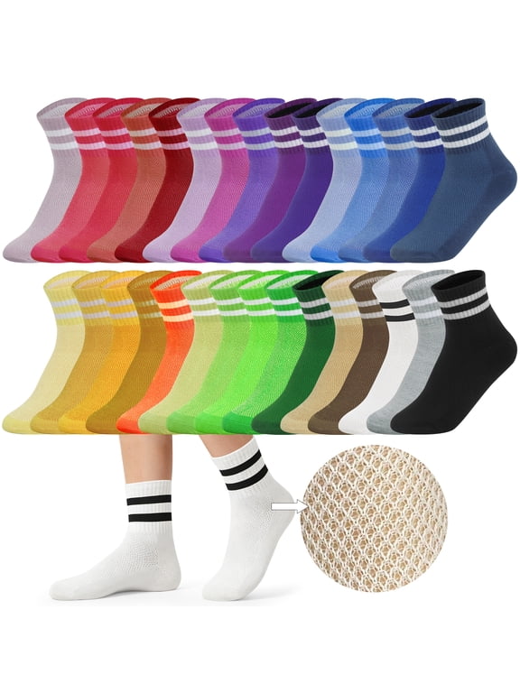 30 Pairs Women's Mid Calf Socks Breathable Mesh Moisture-Wicking Casual Athletic Stretch 30 Color Assortment Bulk Socks for Women Teens