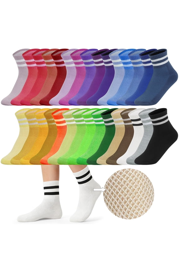 30 Pairs Women's Mid Calf Socks Breathable Mesh Moisture-Wicking Casual Athletic Stretch 30 Color Assortment Bulk Socks for Women Teens