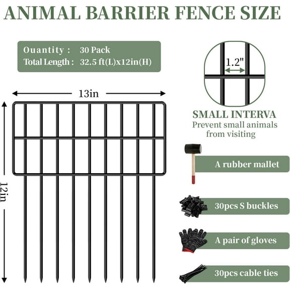 30 Panels Garden Animal Barrier Fence, 32.5ft x 12in Rustproof Metal Dog Proof Yard Fence with Bottom Blocker
