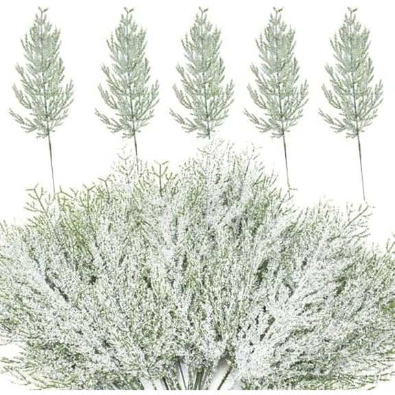 30 Pcs 14" Christmas Snow Frosted Pine Branches - Snowy Artificial Pine Needles Branches Twigs - Greenery Cedar Sprigs Pine Picks Stems for Christmas Wreath Craft Home Kitchen Garden Decorations