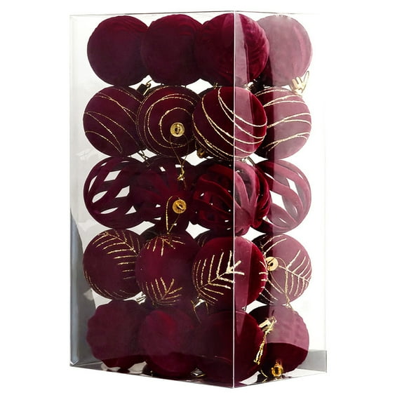 30 Pcs 2.4 Inches Velvet Christmas Ball Ornaments, Assorted Styles Flocked Xmas Plastic Ball Small Shatterproof Decorative Hanging Ornament for Family Holiday Party Xmas Tree Hanging Decor
