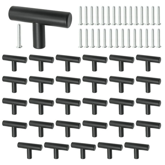 30 Pcs 2'' Cabinet Handles, Matte Black Drawer Knobs, T-Shape Single Hole Pulls for Kitchen, Living Room, Bedroom, Bathroom, and Office