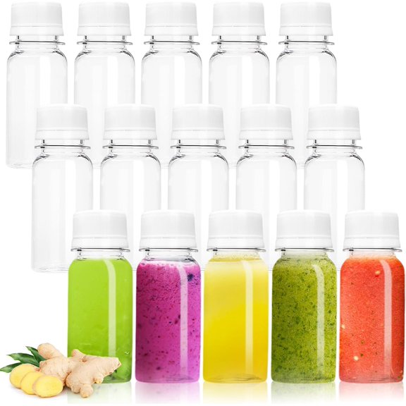 30 Pcs 2 Oz Small Plastic Bottles with Caps, Empty Shot Bottles for Liquor, Juice, Ginger Shots, Weddings, Parties, DIY, Travel, Refillable Containers