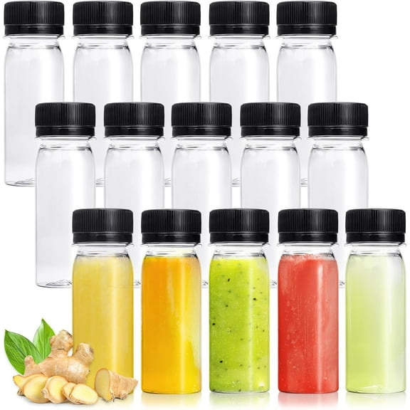 30 Pcs 2 Oz Small Plastic Bottles with Lids, Reusable Mini Beverage Containers for Juice, Shots, DIY, Wellness, Travel, Party, Wedding, Black Caps