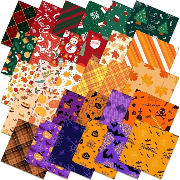 30 Pcs 20" x 20" Halloween Thanksgiving Christmas Cotton Fabric Fat Quarter Squares Assorted Bundles Precut Strips for DIY Crafts Handmade Accessory Quilting Decor
