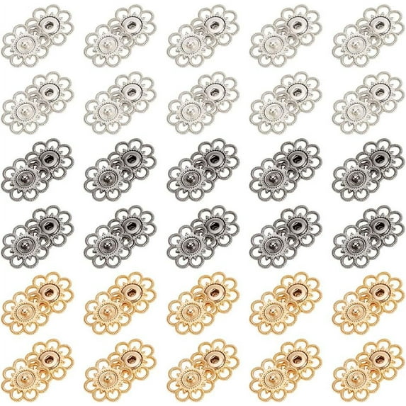 30 Pcs 3 Colors Sew-On Snap Press Button 1 inch Hollow Alloy Snap Buttons Flower Vintage Metal Sewing Snaps for Clothing Jeans Jacket Sweater DIY Craft Projects for DIY
