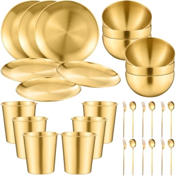 30 Pcs 304 Stainless Steel Dinner Set Stainless Steel Plates and Bowls Include Plates Bowls Cups Forks Spoons Utensil Reusable Metal Camping Dinnerware Tableware for Home Picnic Kitchen Gold