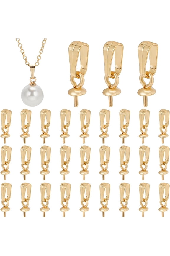 30 Pcs 304 Stainless Steel Eye Pin Peg Bail 10mm Golden Bail Pin Connectors with Dangle Loop Cup Pearl Peg Bails Charm Pendant Connector for Half-Drilled Beads Jewelry Making DIY