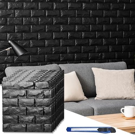 30 Pcs 3D Wall Panels Stick and Peel, Black Brick Printable 3D Wallpaper Stick and Peel Self Adhesive Waterproof Foam Faux Brick Paneling for Bedroom, Bathroom, Kitchen, Fireplace
