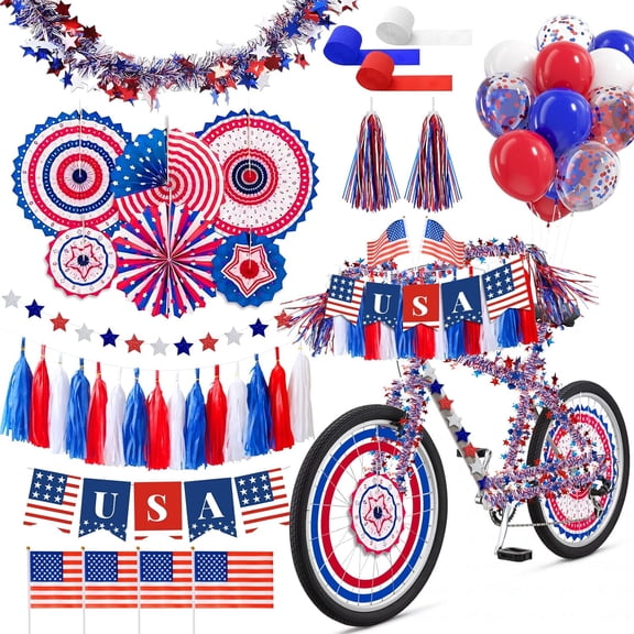 30 Pcs 4th of July Bike Decorations, Independence Day Bicycle Patriotic Parade Streamers Flags, Red White Blue Bicycle Decor Party Favors