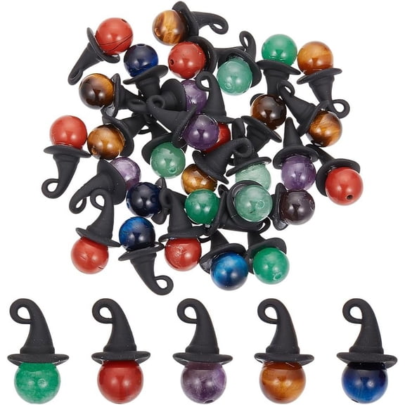 30 Pcs 5 Colors Theme Natural Stone Charms Mixed Gemstone Pendants Round Beads Charm with Black Alloy Hat for Necklace Bracelet Jewelry Making DIY