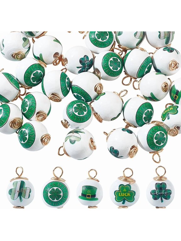 30 Pcs 5 Styles St. Patrick's Day Charms Wood Shamrock Pedants Green Leaf Luck Hat Charms Golden Tone Copper Wire Wrapped Round Charms Creative Craft